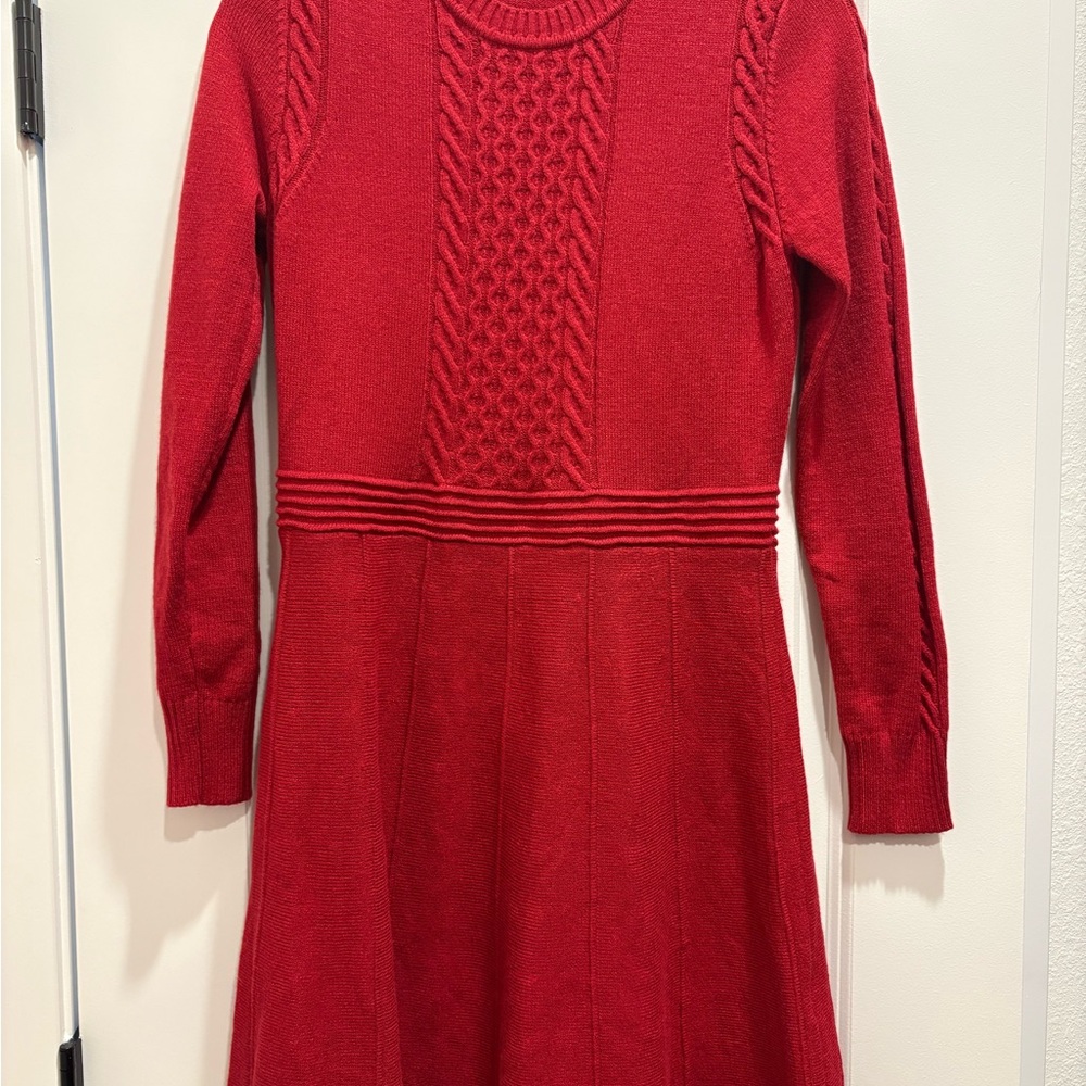SHEIN Red Long Sleeve Cable Knit Fit-and-Flare Dress